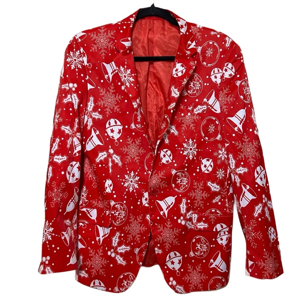 Vibrant Red Holiday Blazer with Festive Patterns